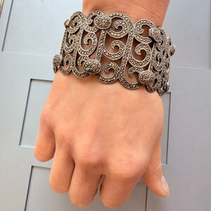 HUGE Masterpiece Marcasite Scroll Panel Sterling Silver Bracelet Signed Vintage